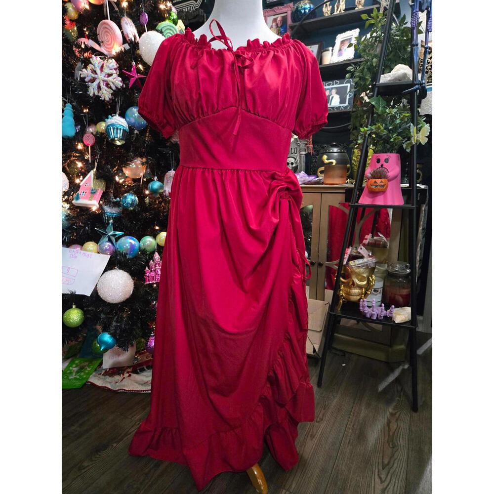 Red milkmaid bustled maxi dress